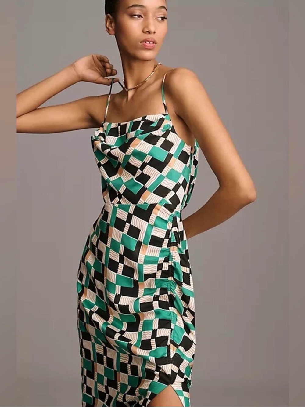 Anthropologie Teal, Black & Cream Geometric Slip Dress